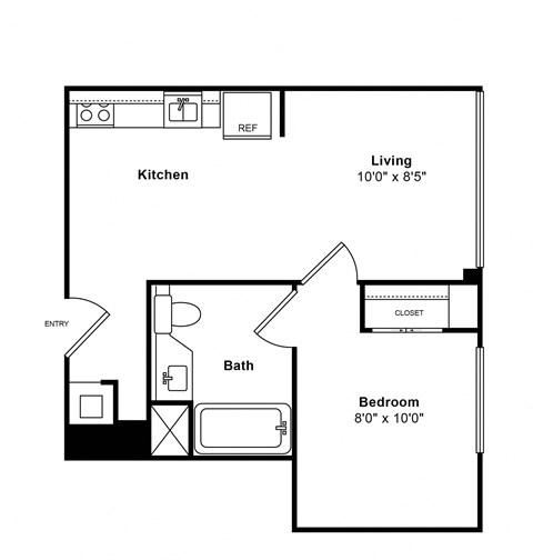 Floor plan for 1 bed, 1 bath, 437 sqft